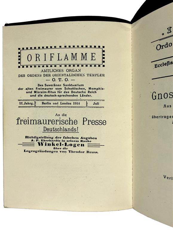 Ordo Templi Orientis Theodor Reuss Oriflamme Amtliches Organ des Ordens der Orientalischen Templer O.T.O. Memphis-Misraim 1914