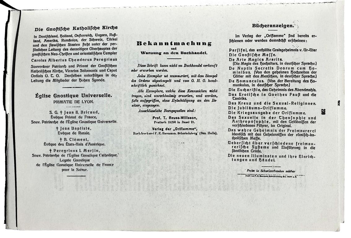 Die Gnostische Messe Theodor Reuss Merlin Peregrinus Aleister Crowley Baphomet INRI Ordo Templi Orientis Ecclesiae Gnosticae Catholicae Canon Missae 1918