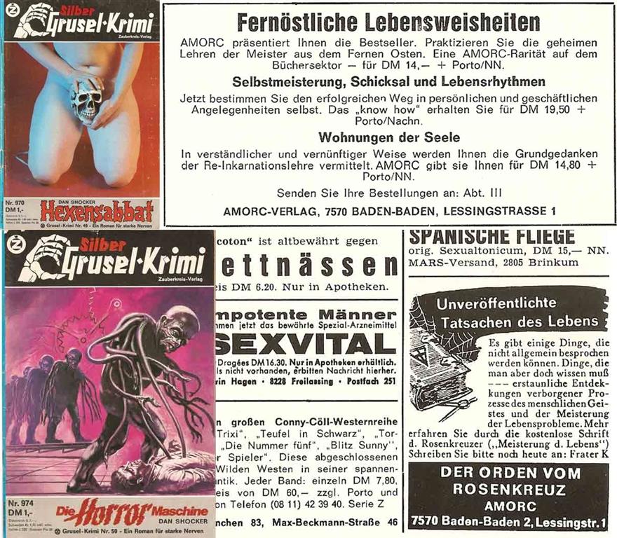 AMORC A.M.O.R.C. Deutsch German Pulp Magazin Silber Grusel-Krimi Dan Shocker Die Rosenkreuzer Spencer Lewis Antiquus Mysticus Ordo Rosae Crucis oder Ancient Mystical Order of the Rosy Cross