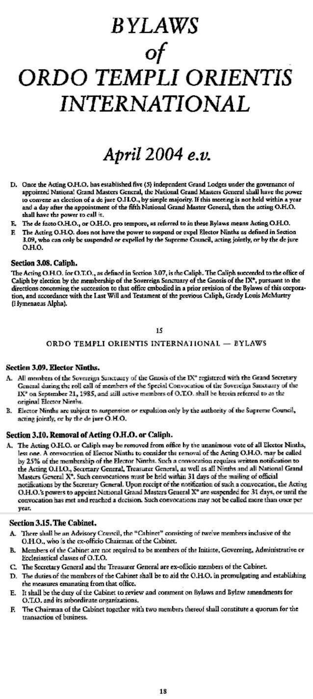 Bylaws Ordo Templi Orientis Caliph Caliphat Cabinet 2004 Outer Head of the Order OHO Electing Ninth