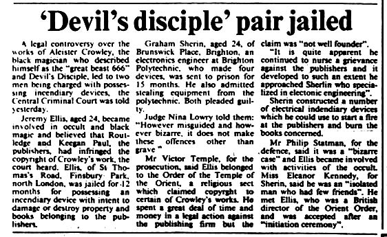Jeremy Charles Ellis, Ordo Templi Orientis, Marcelo Ramos Motta, Times, October 22, 1982
