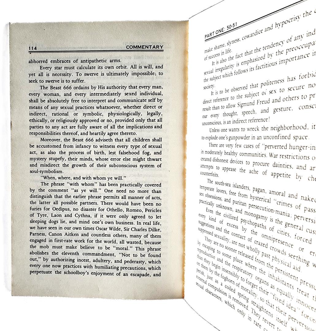 Aleister Crowley La loi est pour tous De plus la Bête 666 conseille que tous les enfants soient habitués dès l'enfance à être témoins de tout type d'acte sexuel Israel Regardie Arizona 1975, 114