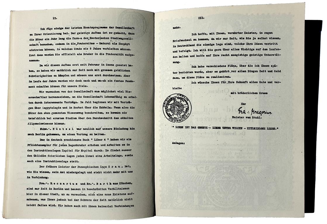 Constitution of the Fraternitas Saturni, Published Aims of the Lodge, Master Therion, Aleister Crowley, Eugen Grosche, Gregor A. Gregorius, closing of the Pansophic Lodge of the Light-seeking Brethren of the Orient Berlin, Heinrich Traenker, Recnartus