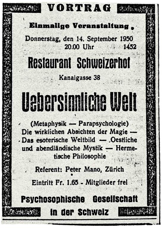 Peter Mano Hermann Joseph Metzger Psychosophische Gesellschaft Uebersinnliche Welt 1950