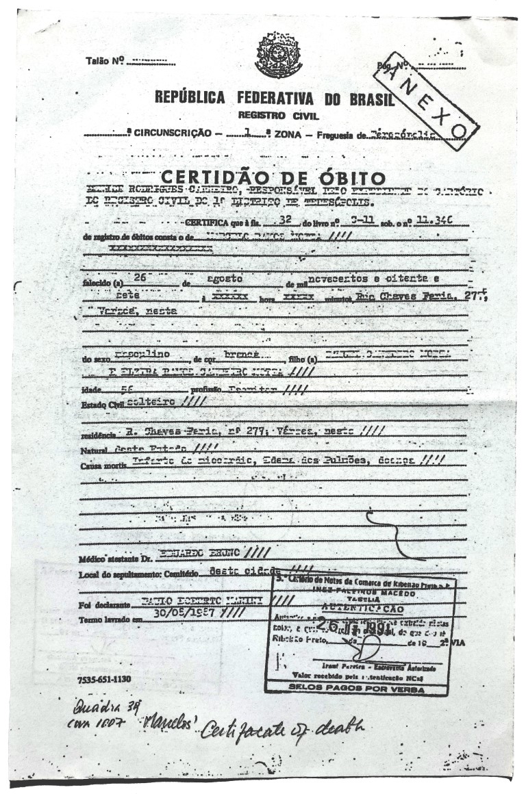 Marcelo Ramos Motta Certidao de Obito Death Certificate