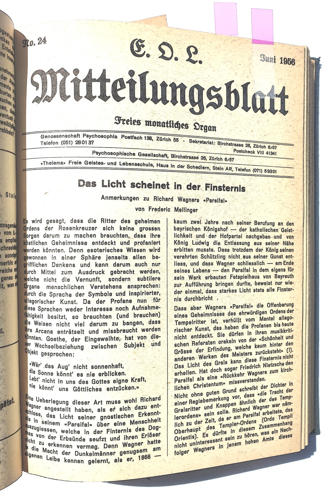 Frederic Friedrich Mellinger Das Licht scheinet in der Finsternis EOL Mitteilungsblatt Stein Appenzell