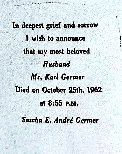 Karl Germer Death Announcement 1962