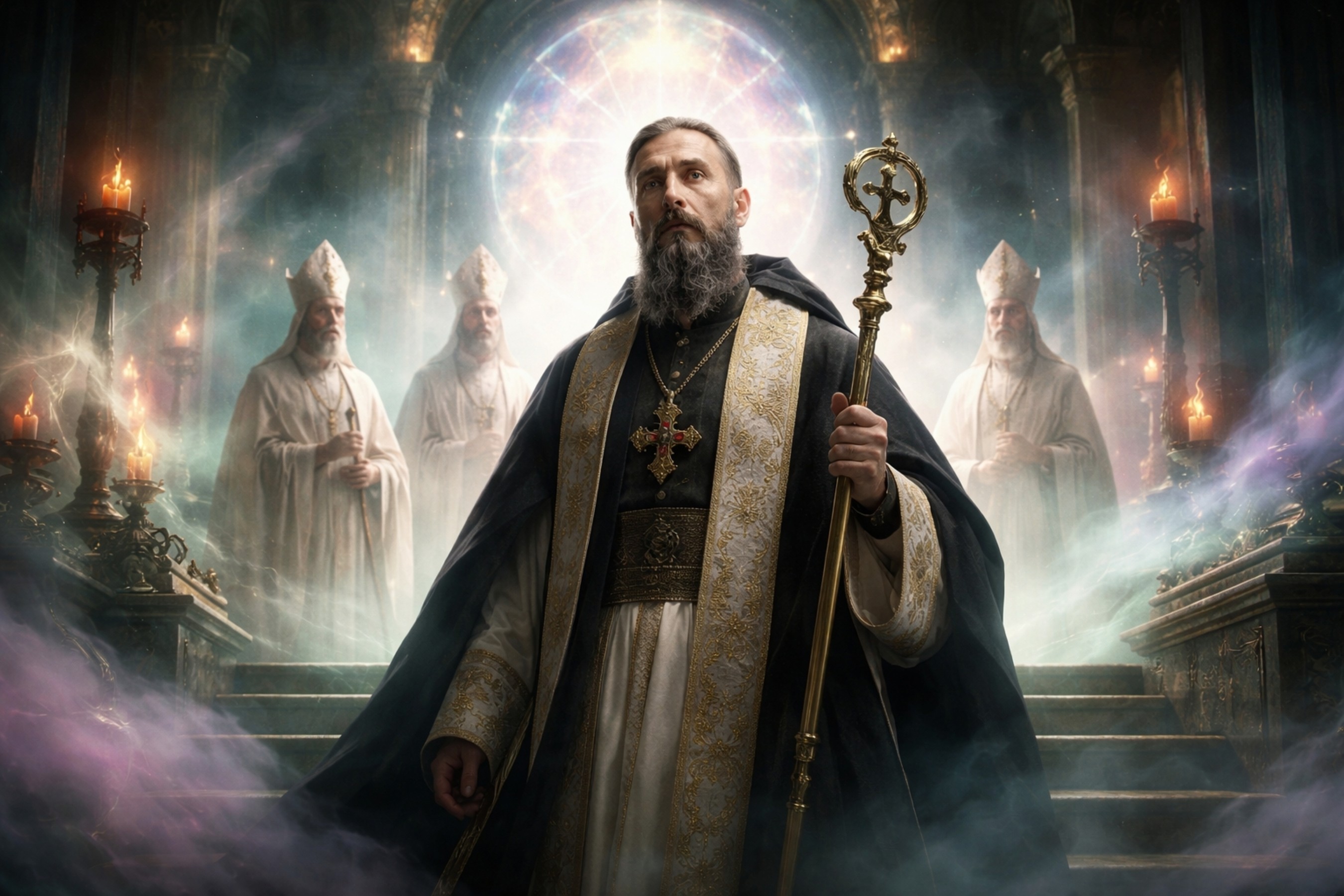 Joanny Bricaud sur le siège patriarcal dans une scène visionnaire [image générée par l’IA]