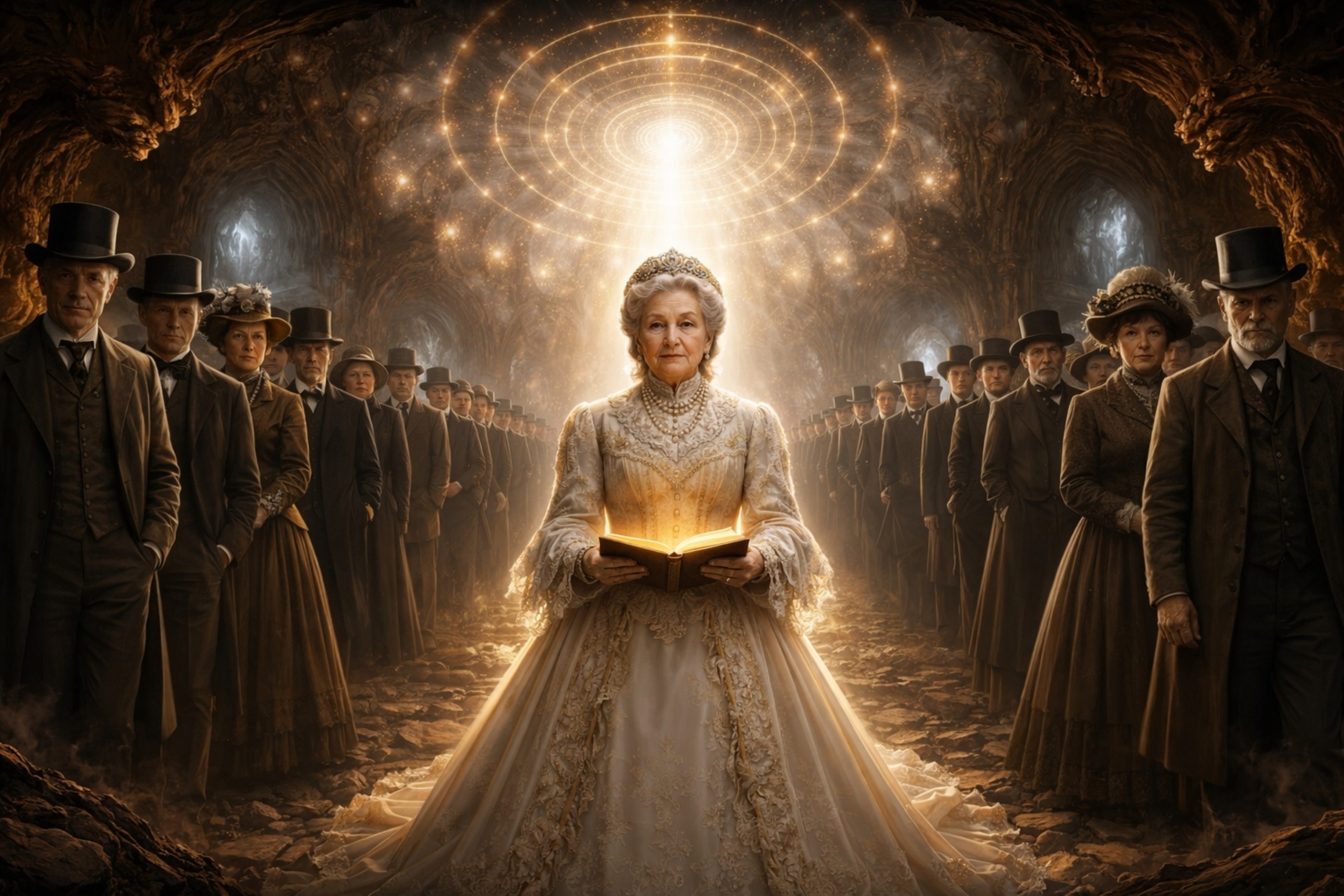 Conciliation gnostique — noble dame âgée en tenue de 1895 au centre d’une scène gnostique entourée de figures graves.