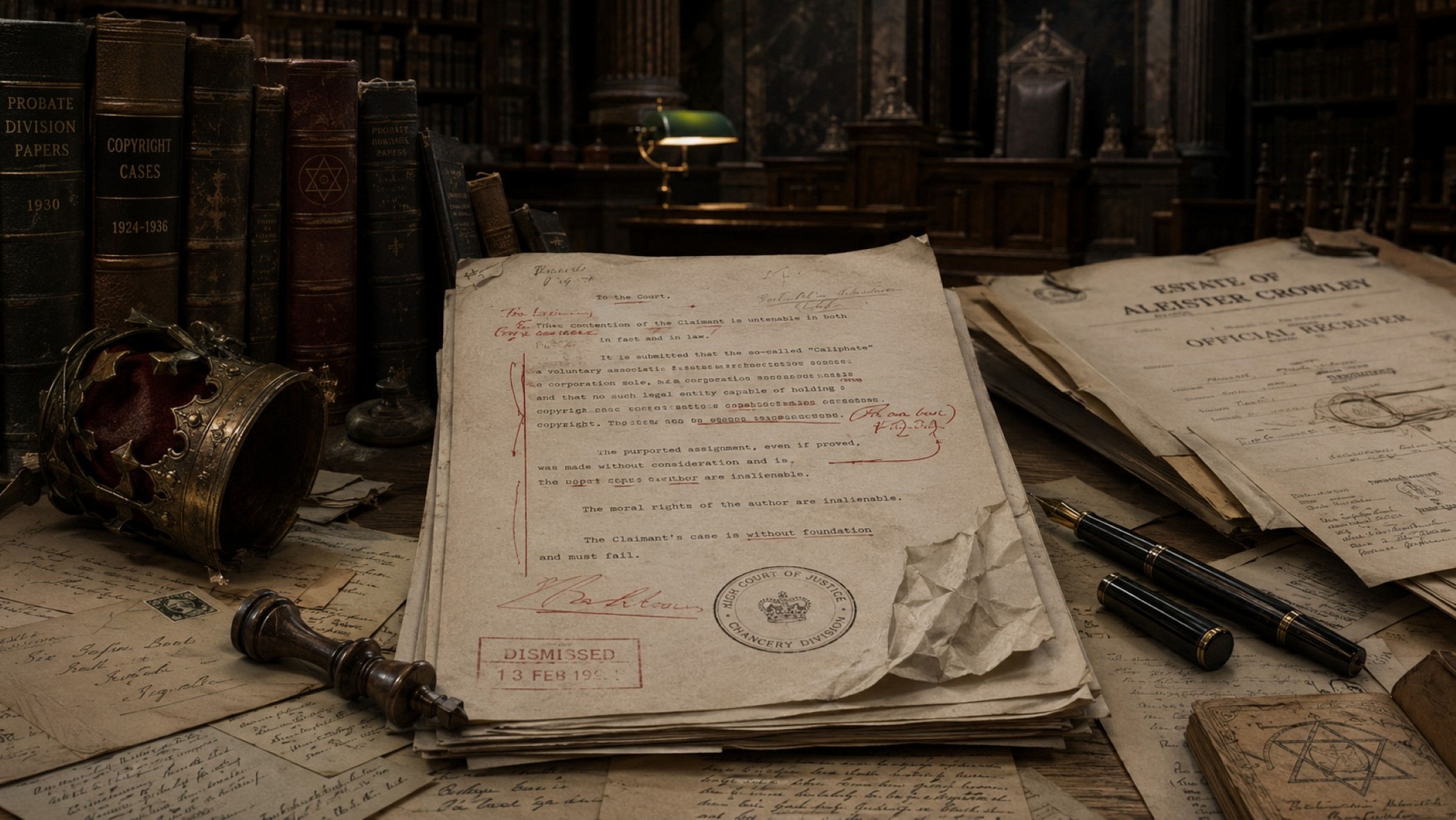 AI-generated archival legal dossier image for the Aleister Crowley copyright controversy