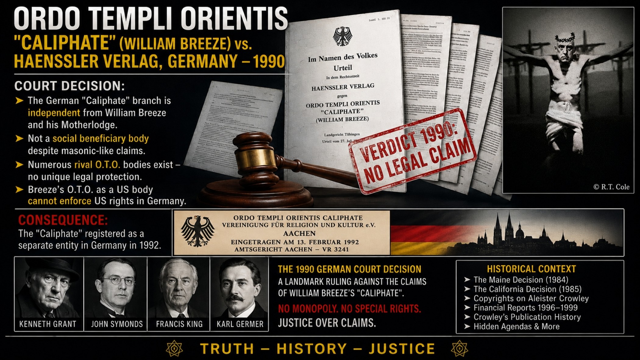 AI-generated collage for the 1990 German court file concerning the O.T.O. ‘Caliphate’, William Breeze and Hänssler Verlag