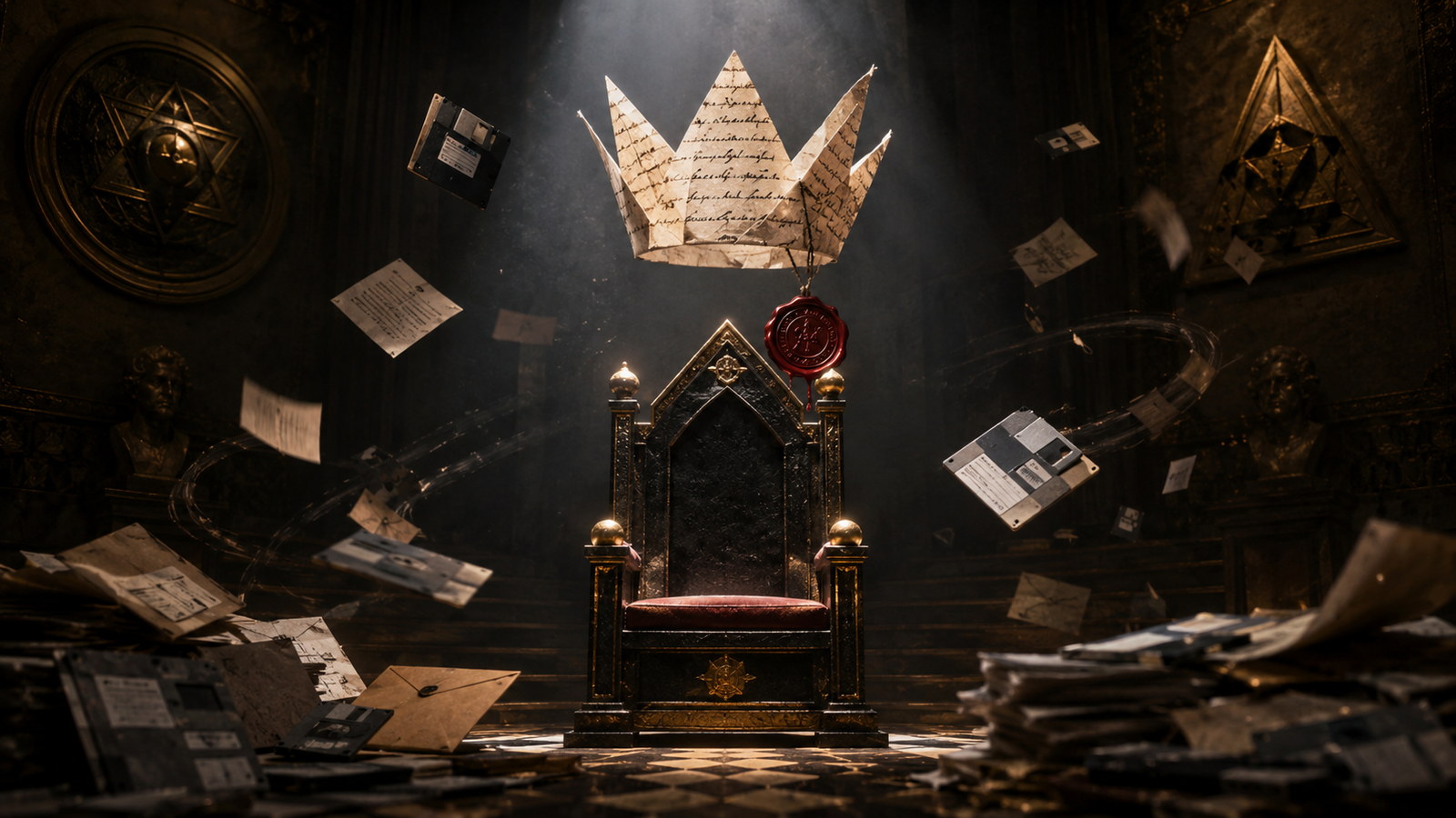 Paper crown hovering above an empty ceremonial throne amid disks and documents