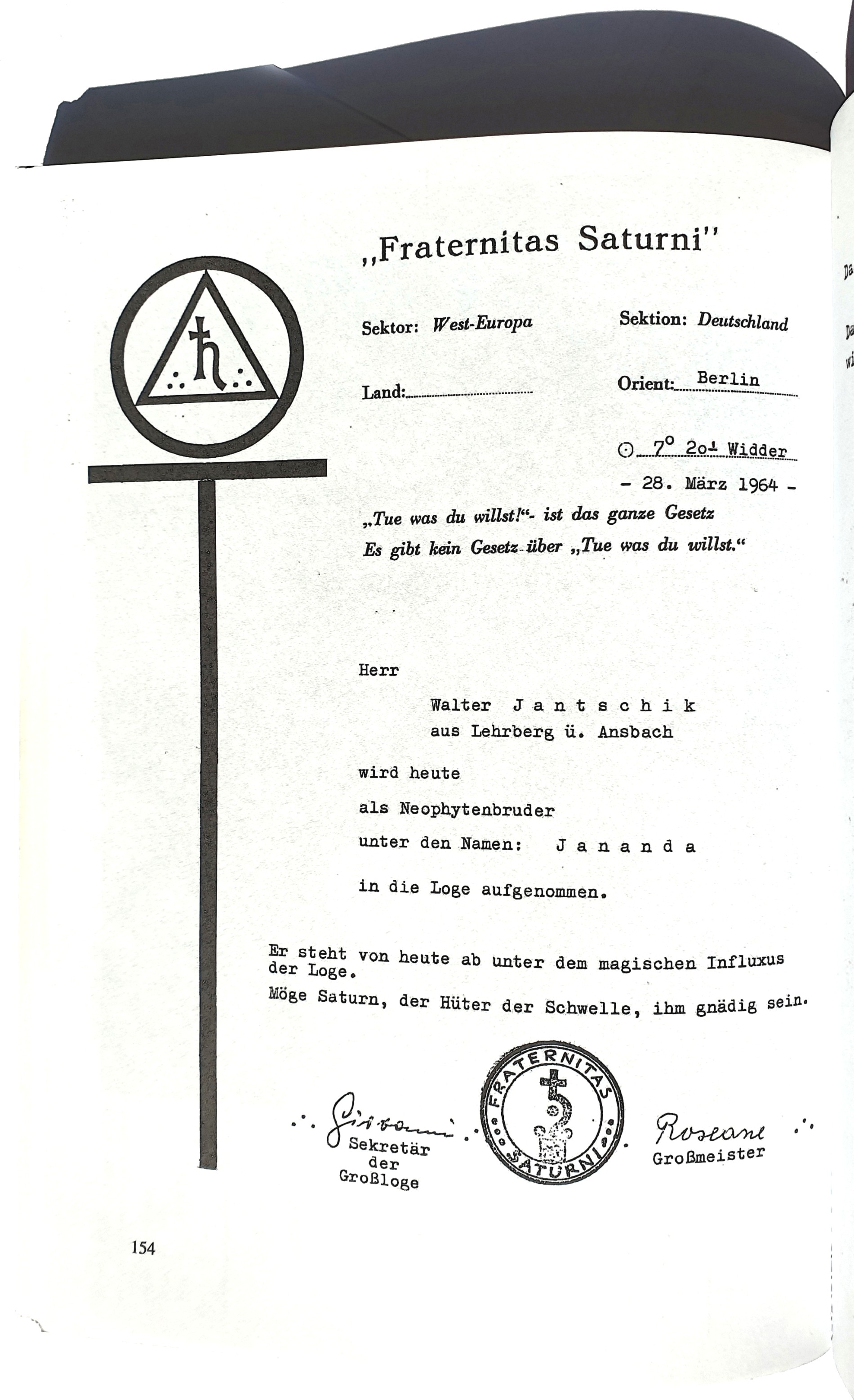 Walter Jantschik, Neophyt, Fraternitas Saturni