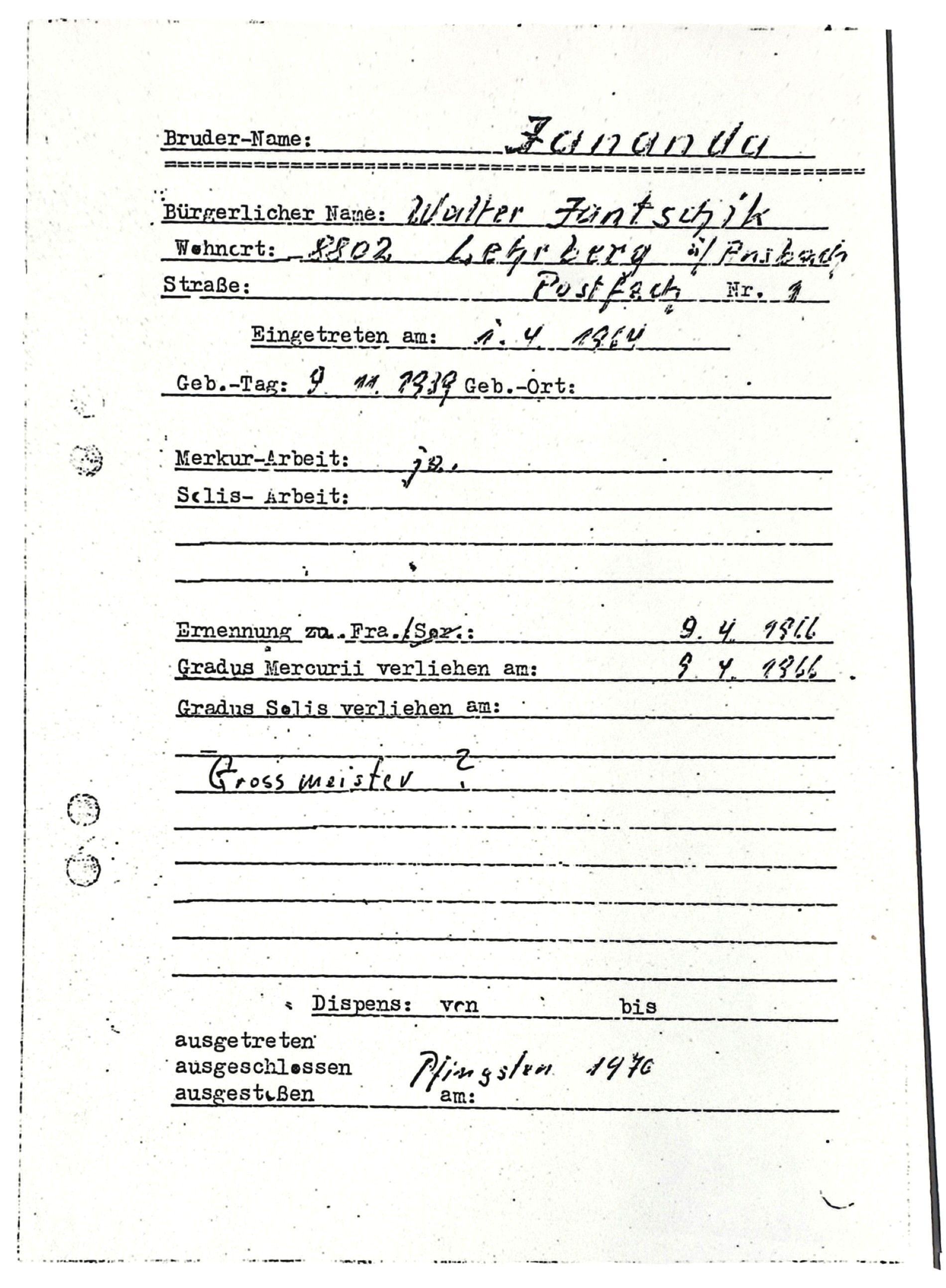 Walter Jantschik, Karrierenliste der Fraternitas Saturni