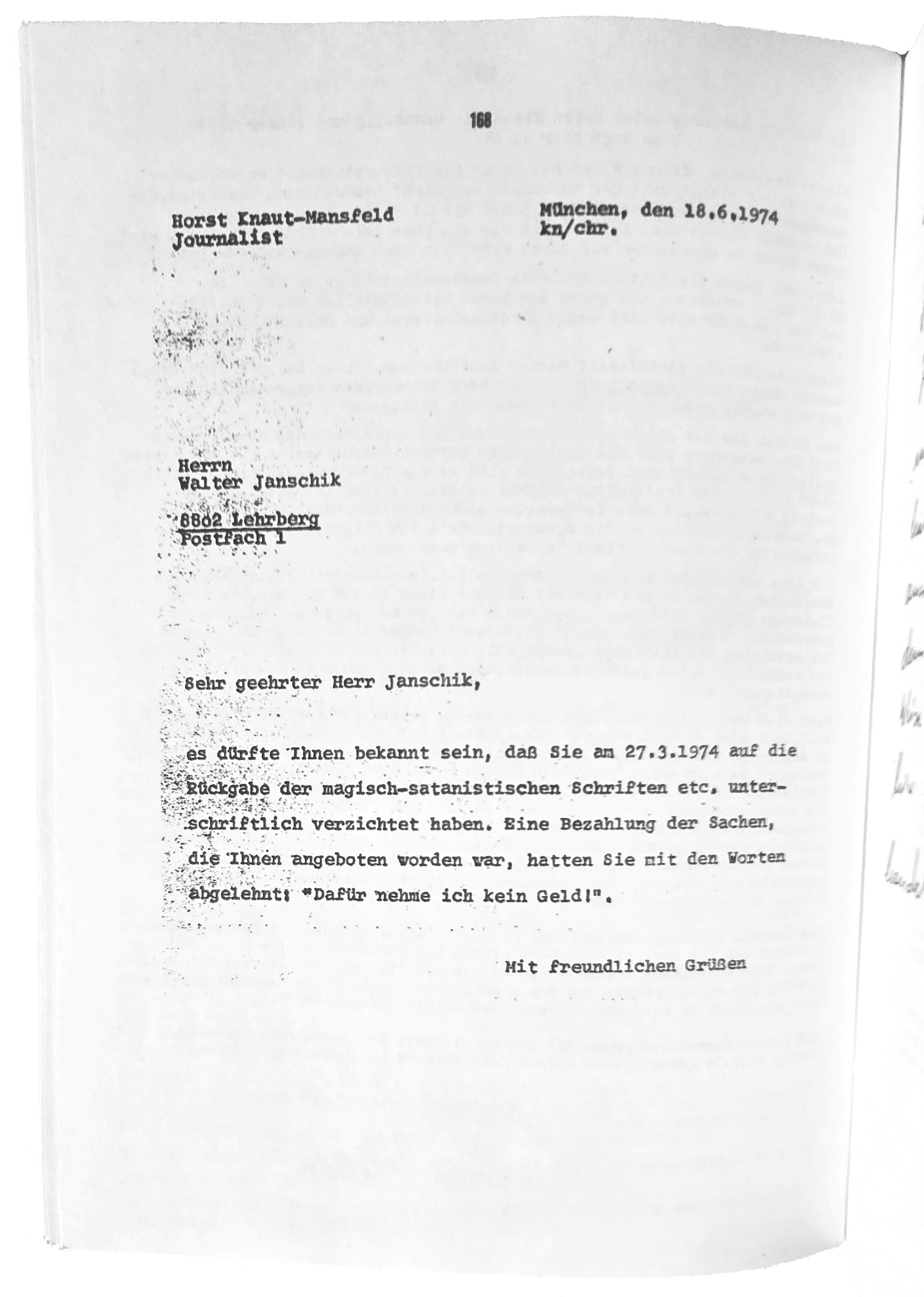 Horst Knaut an Walter Jantschik