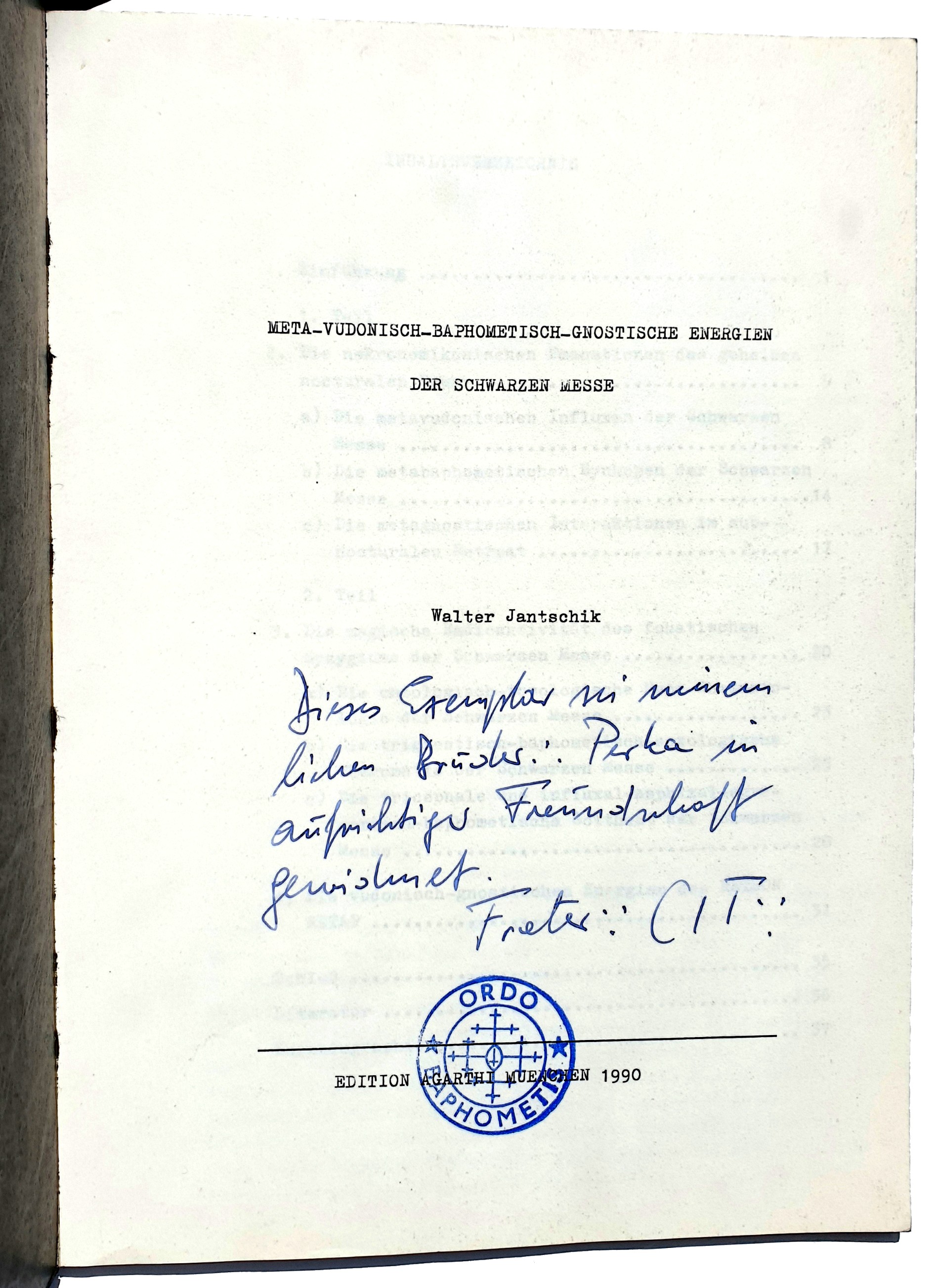 Walter Jantschik, Widmung an PERKA, Peter-Robert König, Ordo Baphometis