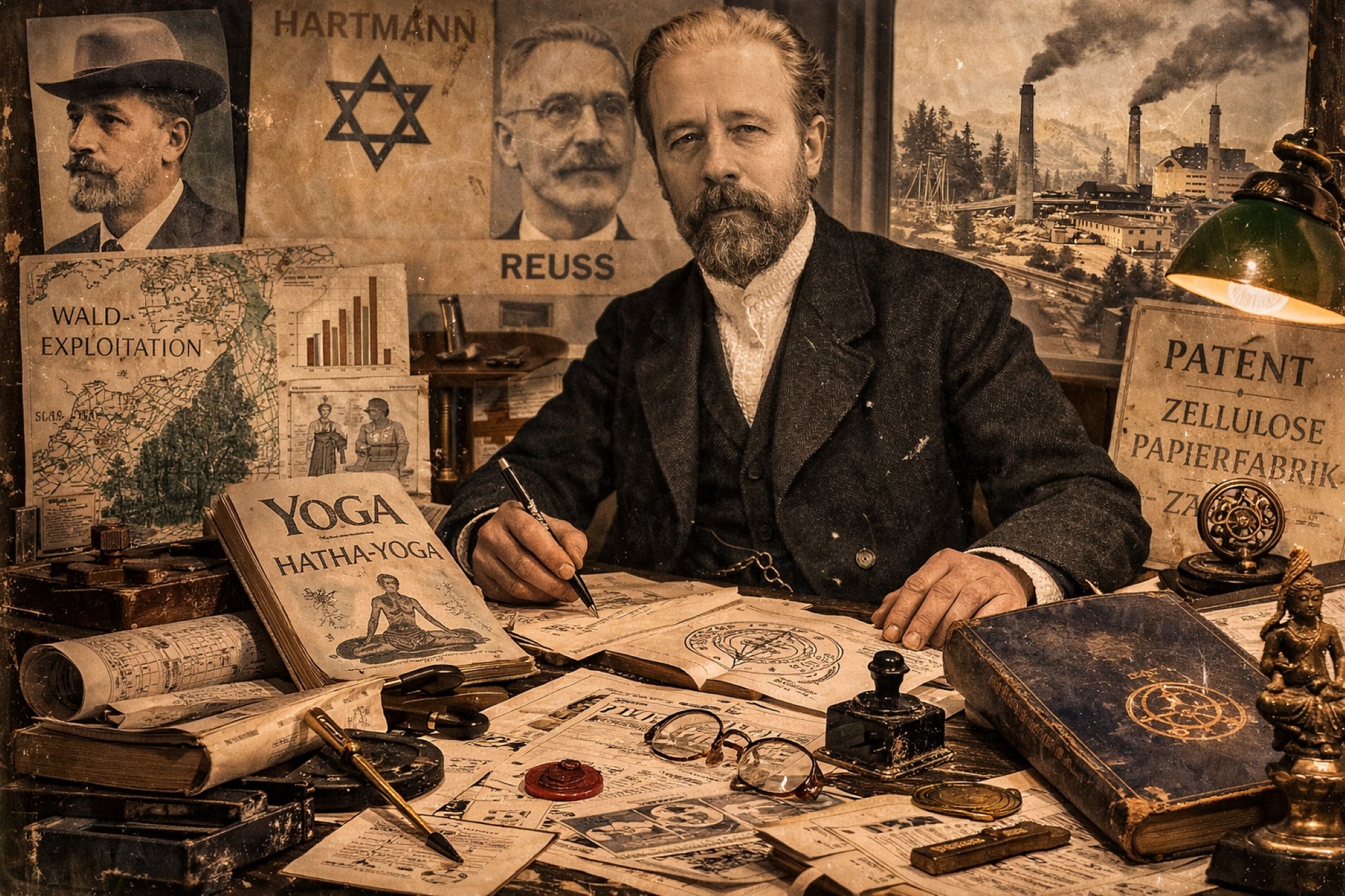 AI-generated image of Carl Kellner in an industrial-occult office setting