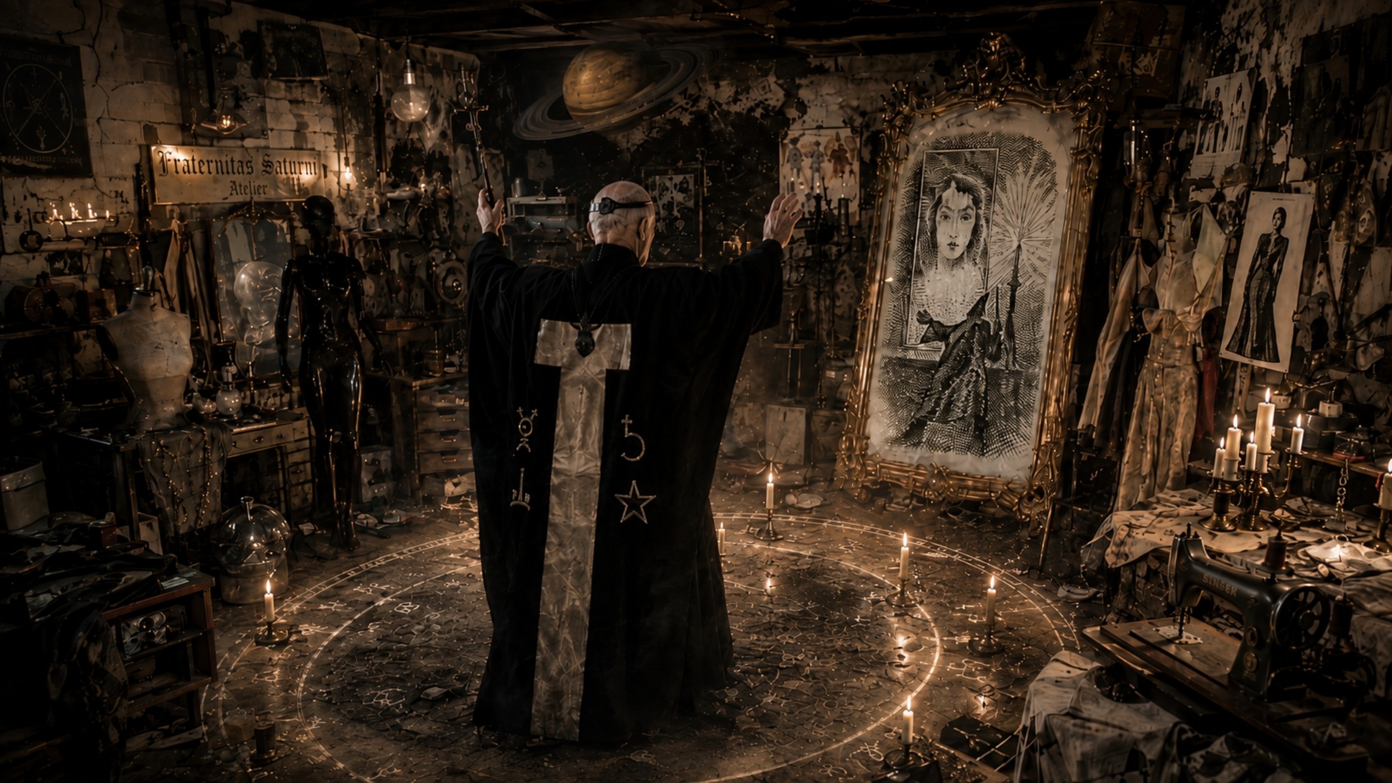 Fraternitas Saturni Grand Master performing mirror magic — AI-generated visual commentary
