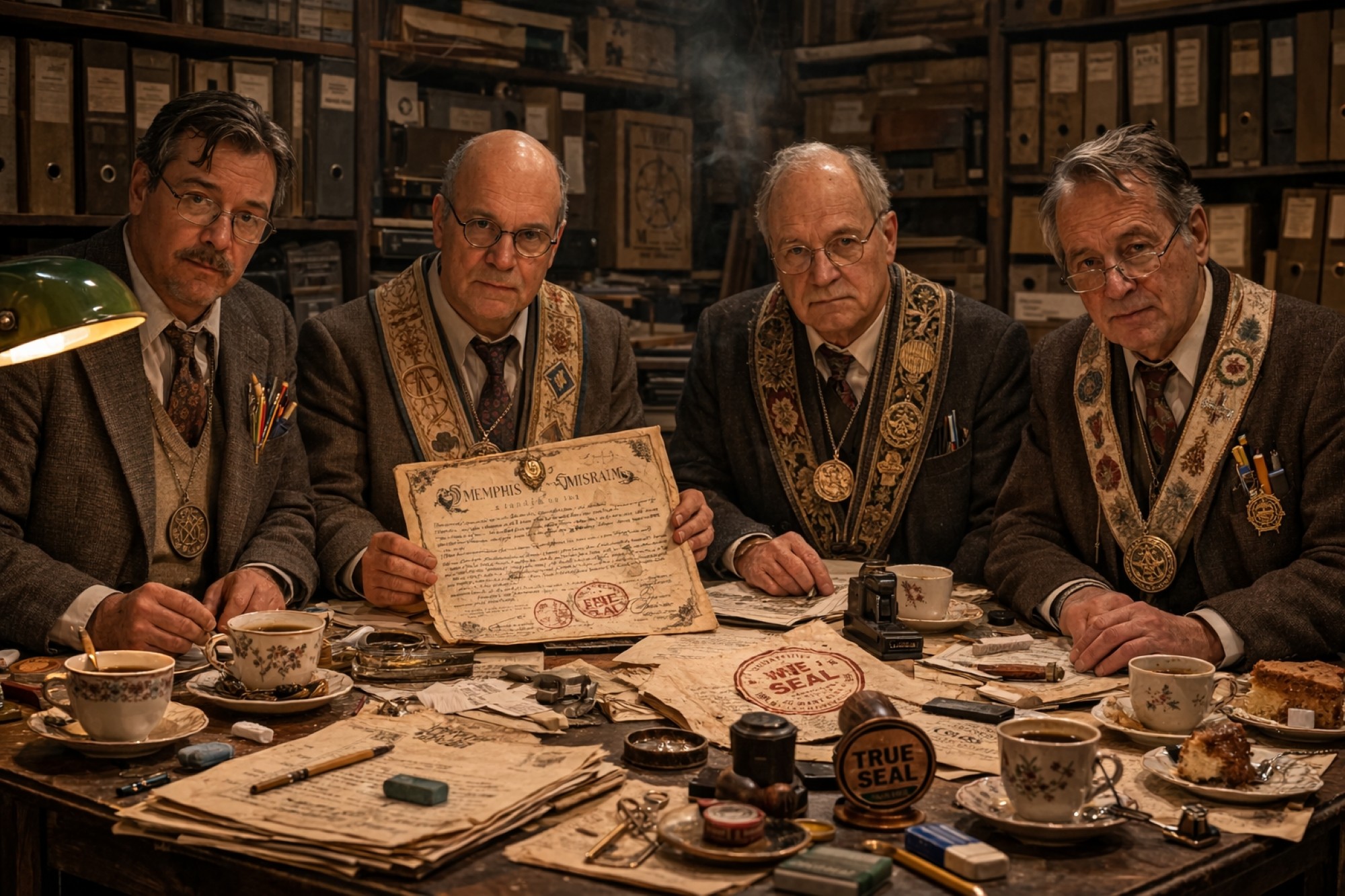 Occult office scene with Memphis Misraim documents and bourgeois office ritual