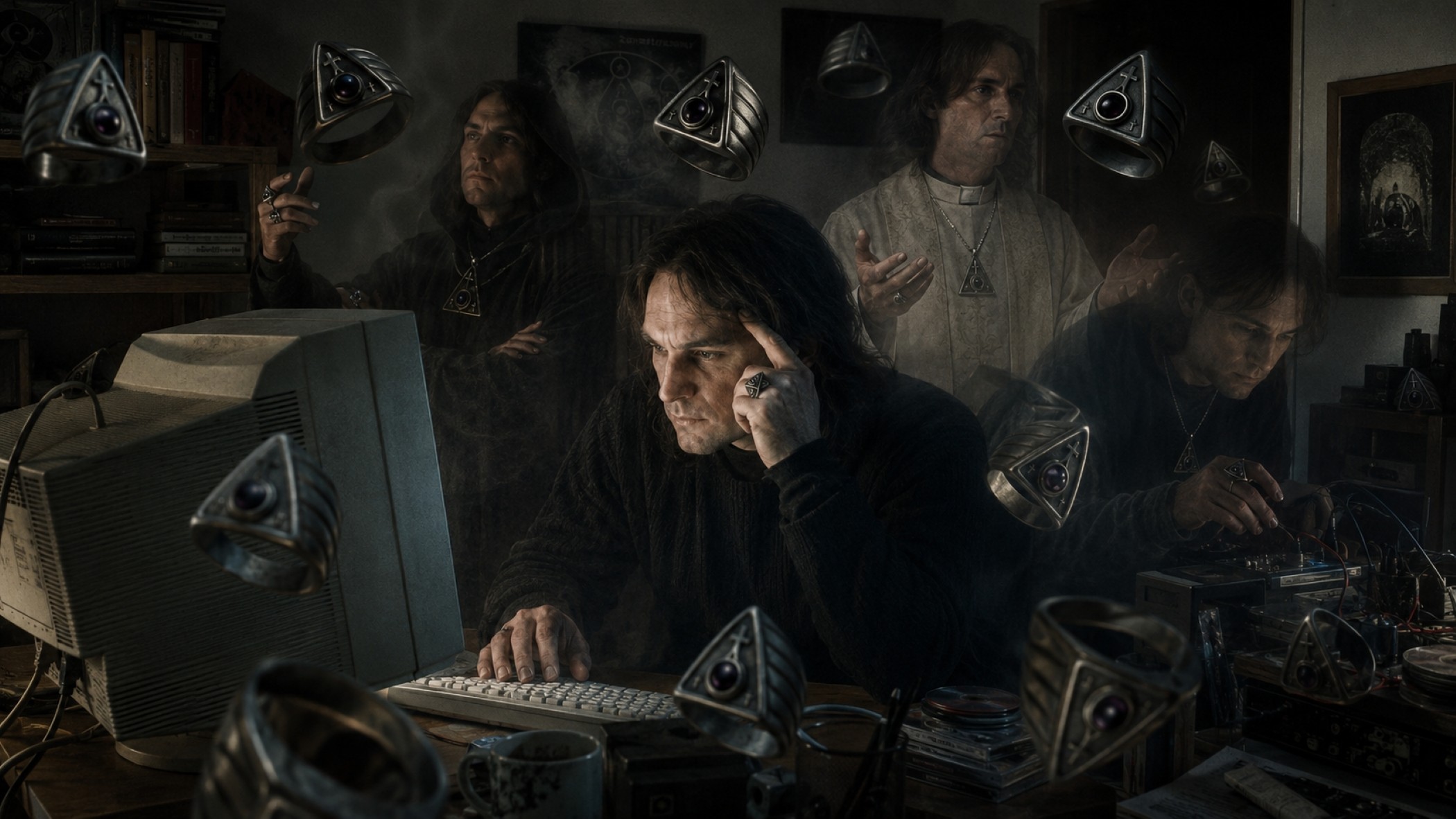 Robert Lavtar at a CRT computer in 1999, surrounded by overlapping occult self-images and silver Fraternitas Saturni rings