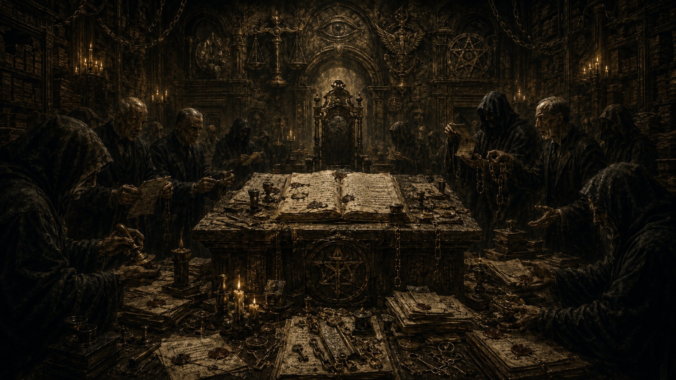 AI-generated image: probate chamber with last will and legal-occult symbolism