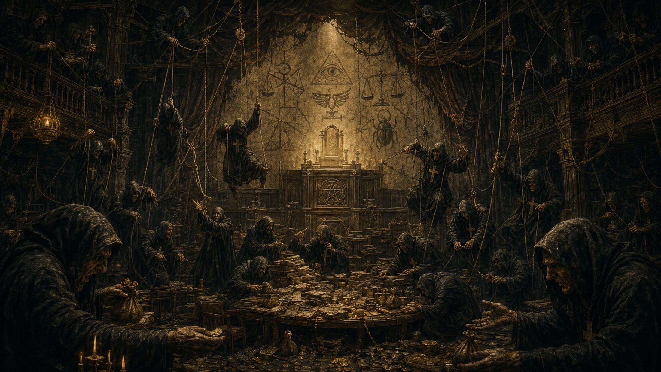 AI-generated image: Caliphate Capers as occult puppet theatre
