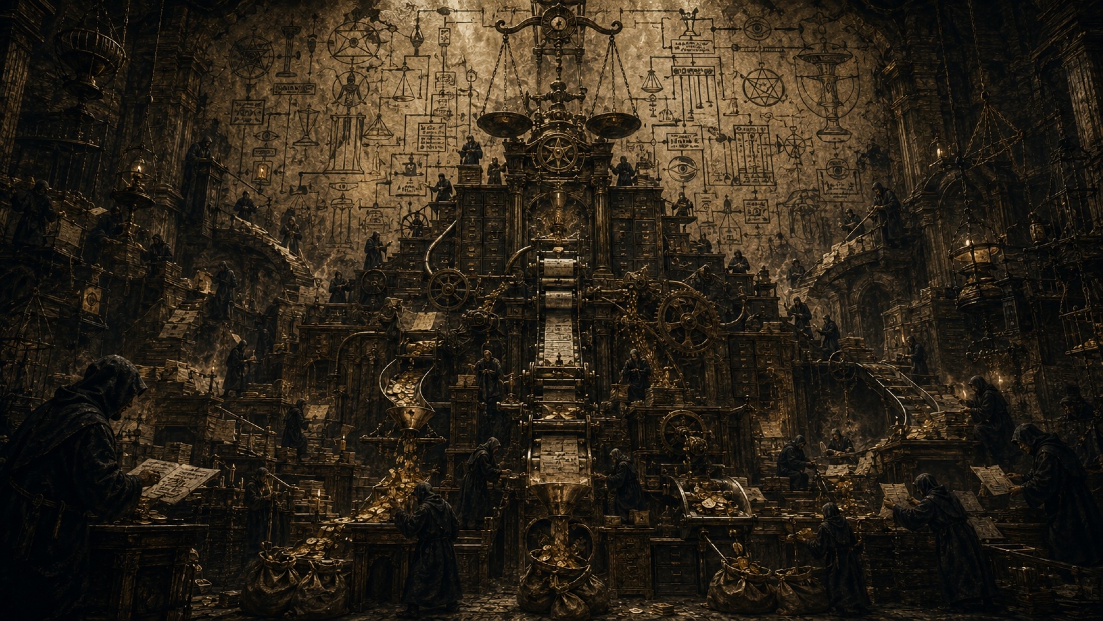 AI-generated image: occult bureaucratic machine of constitutions and money