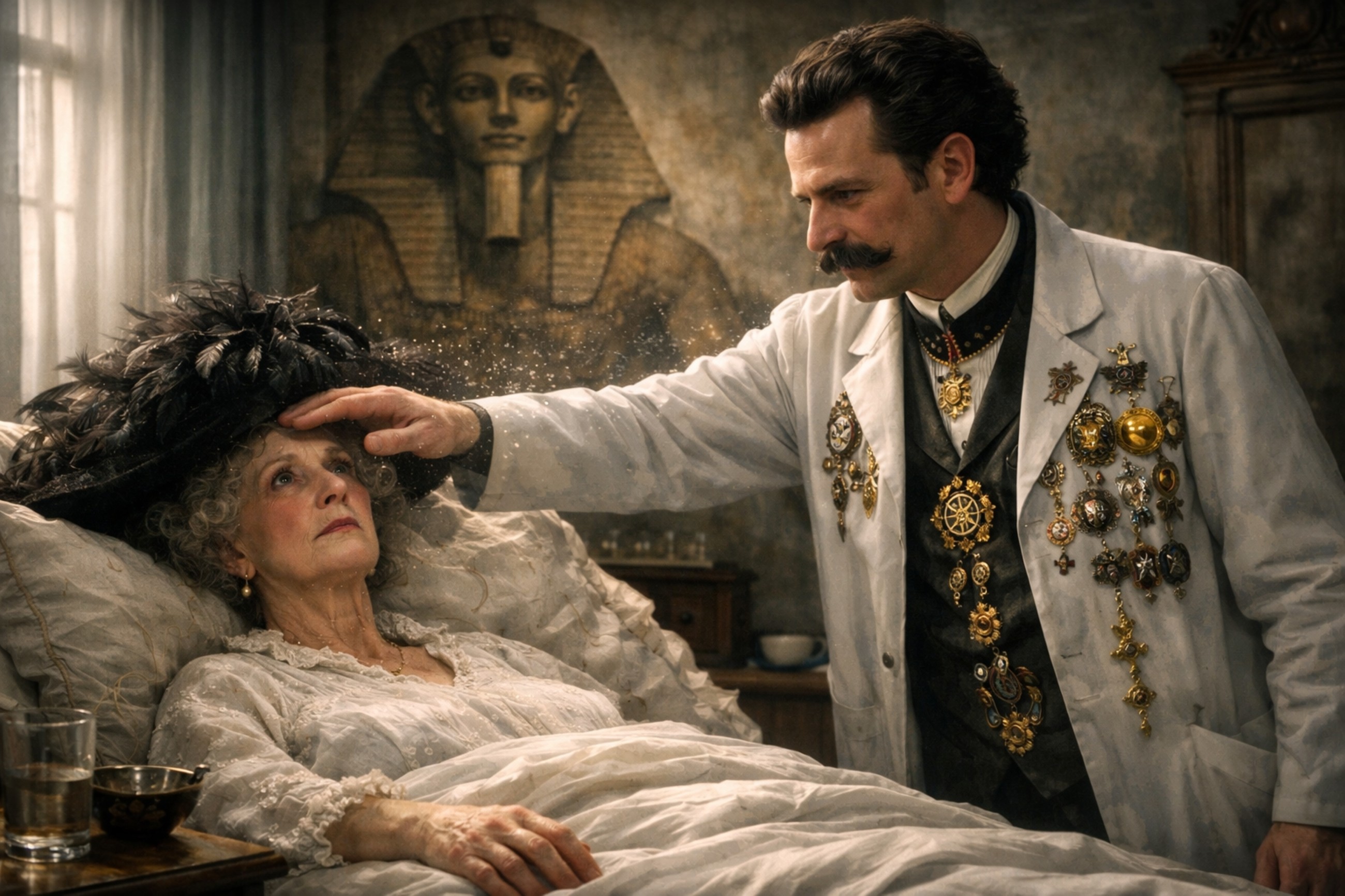 Pranatherapie: Theodor Reuss bei einer Patientin in Berliner Krankenstube, AI-generiertes Bild