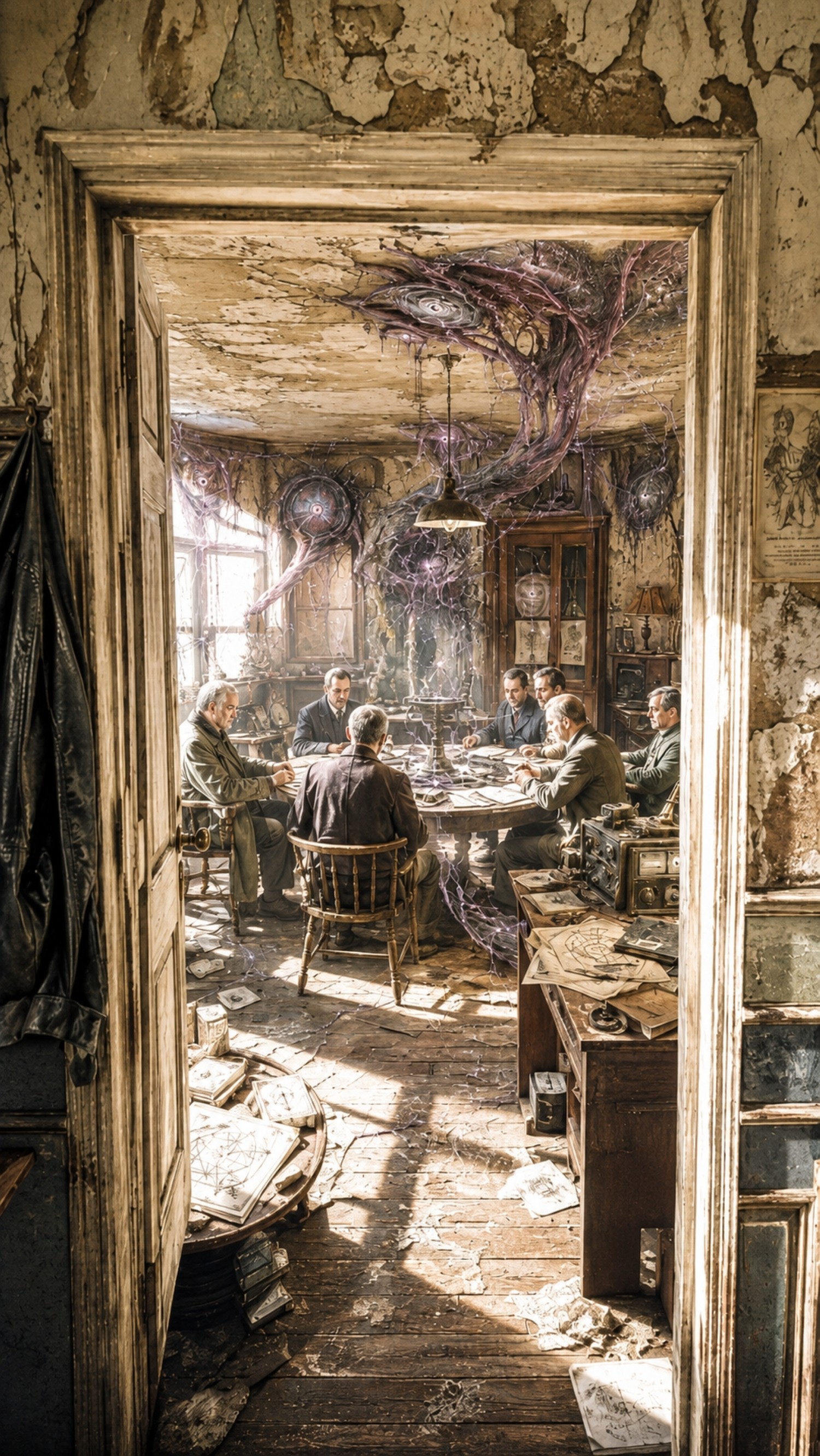 Sunlit postwar occult meeting room with radios, papers and strange extraterrestrial forms