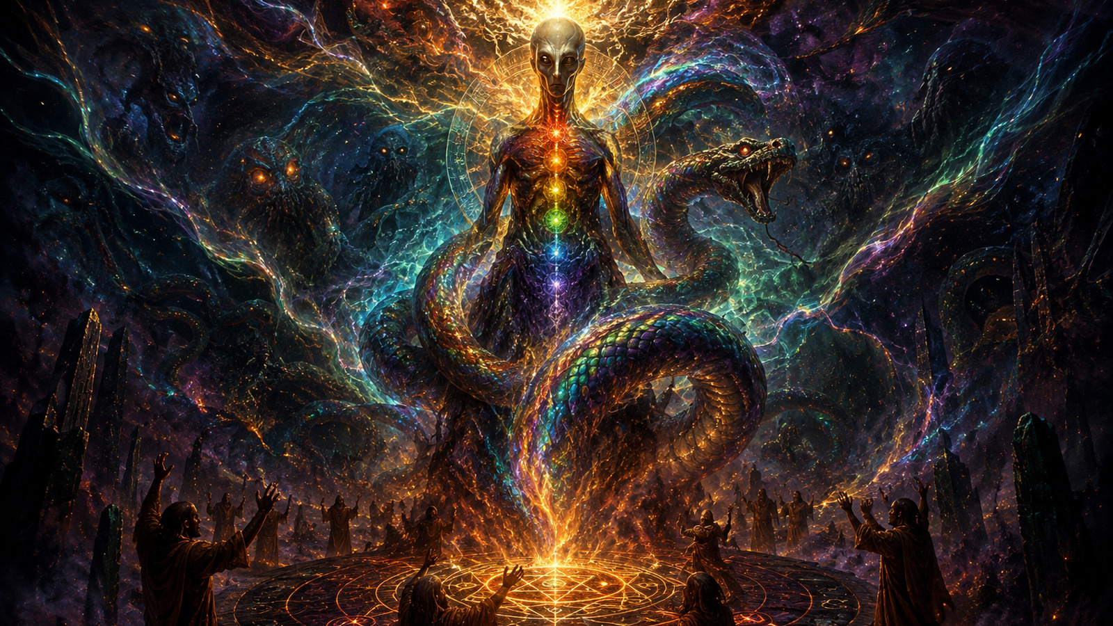 AI-generated Typhonian illustration for Michael Staley’s Iridescent Undulations and the Sacred Fire