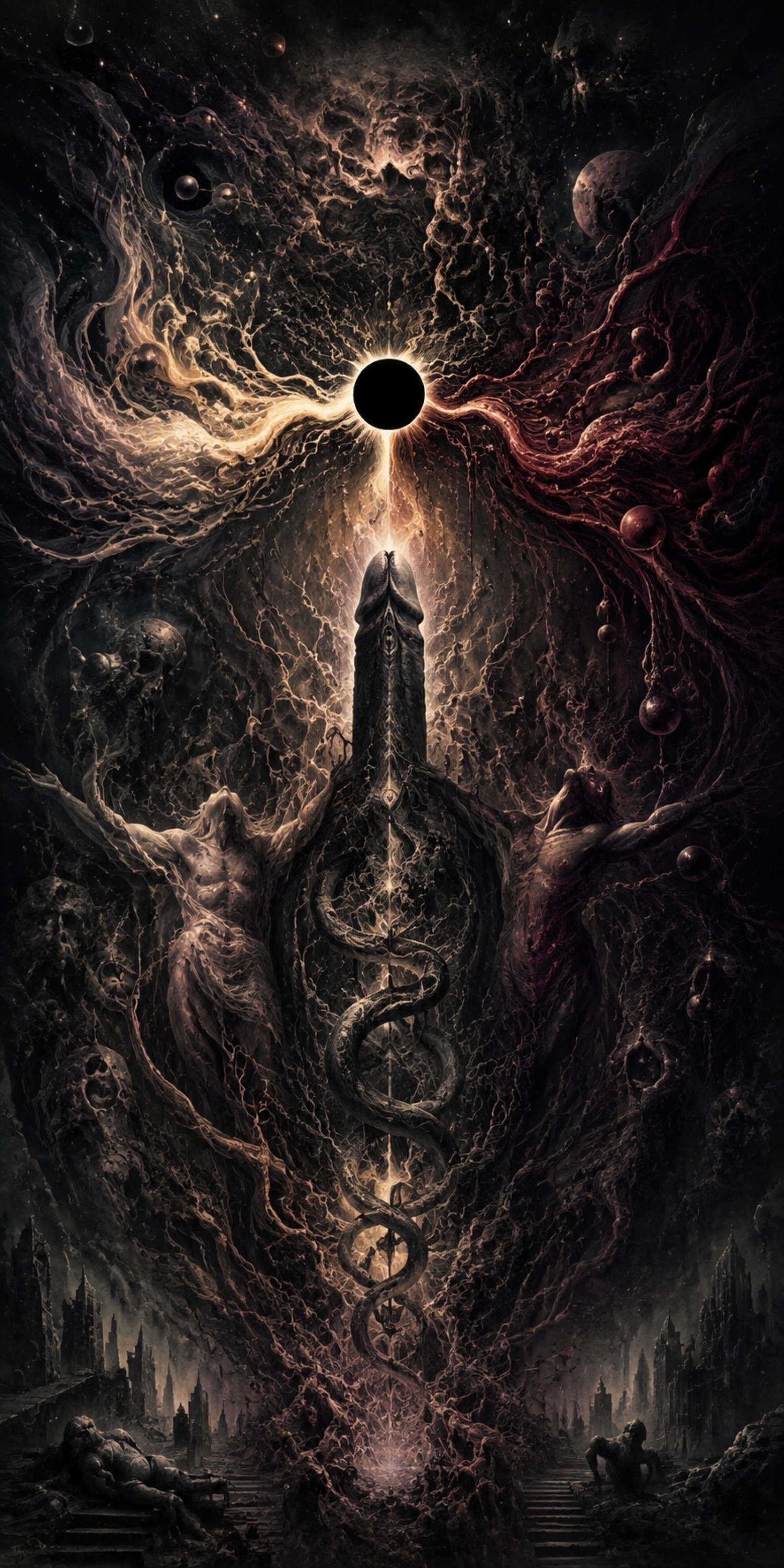 AI-generated dark symbolic image with a phallic form, serpent and opposing energy streams