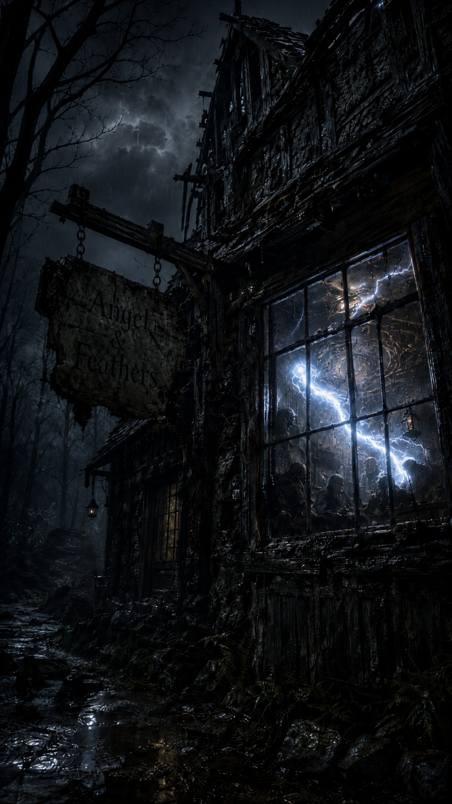 AI-generated night scene of the decaying Angel & Feathers tavern, with a lightning-like apparition visible through the window