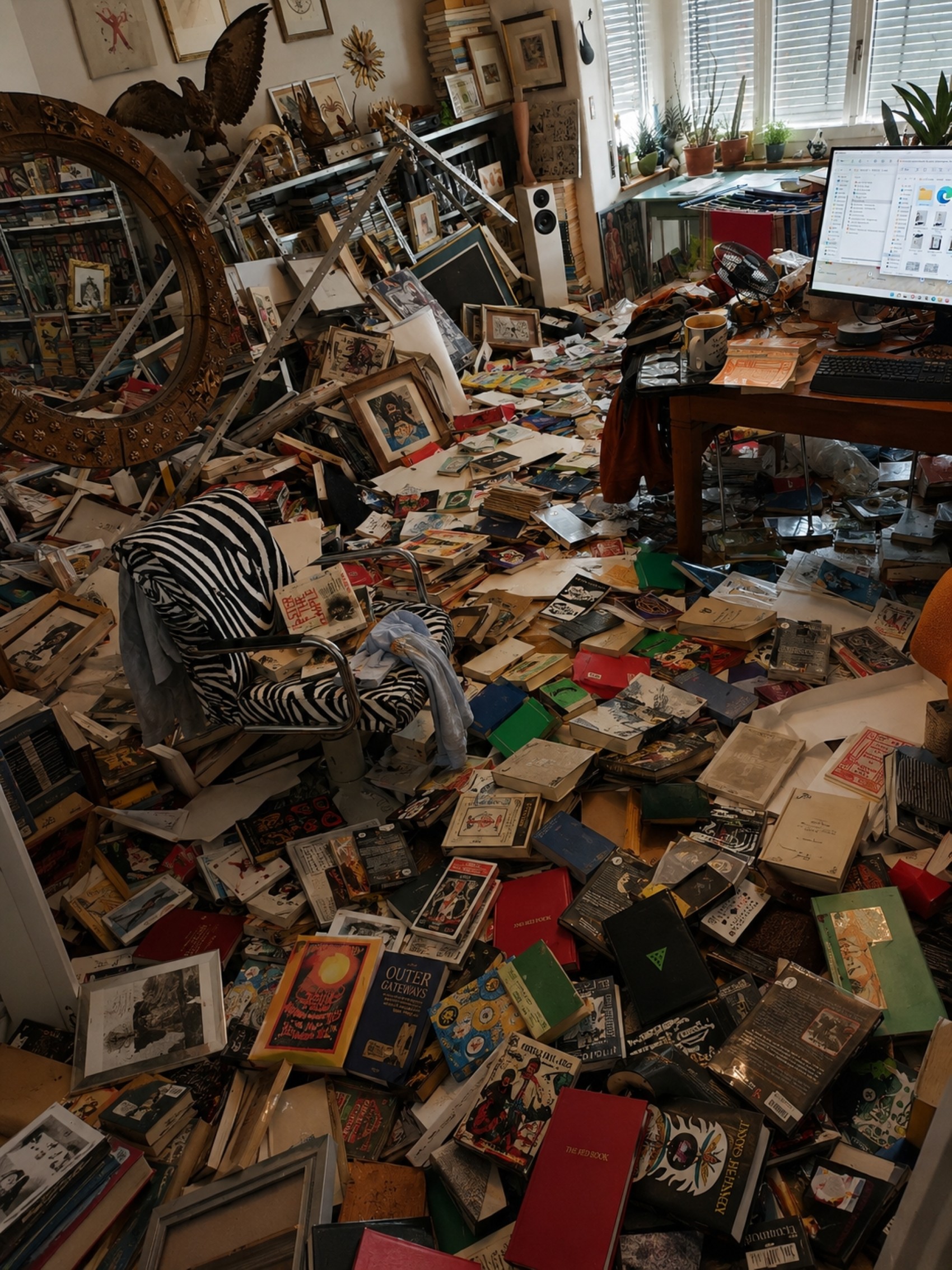 August 2022 bookcase collapse with scattered books in Peter-Robert Koenig’s study