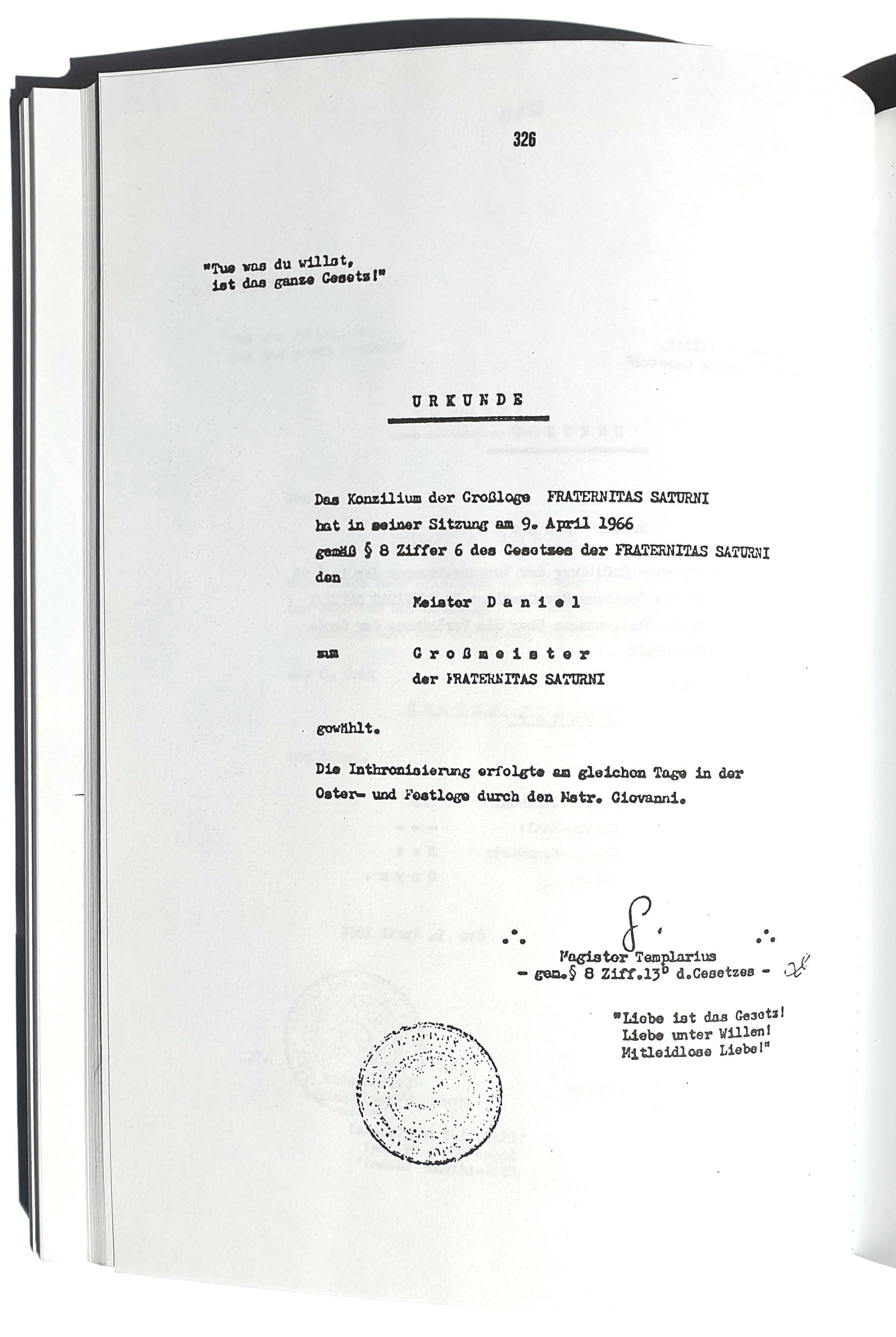 Certificate of the election and enthronement of Guido Wolther, Frater Daniel, as Grandmaster of the Fraternitas Saturni, 9 April 1966