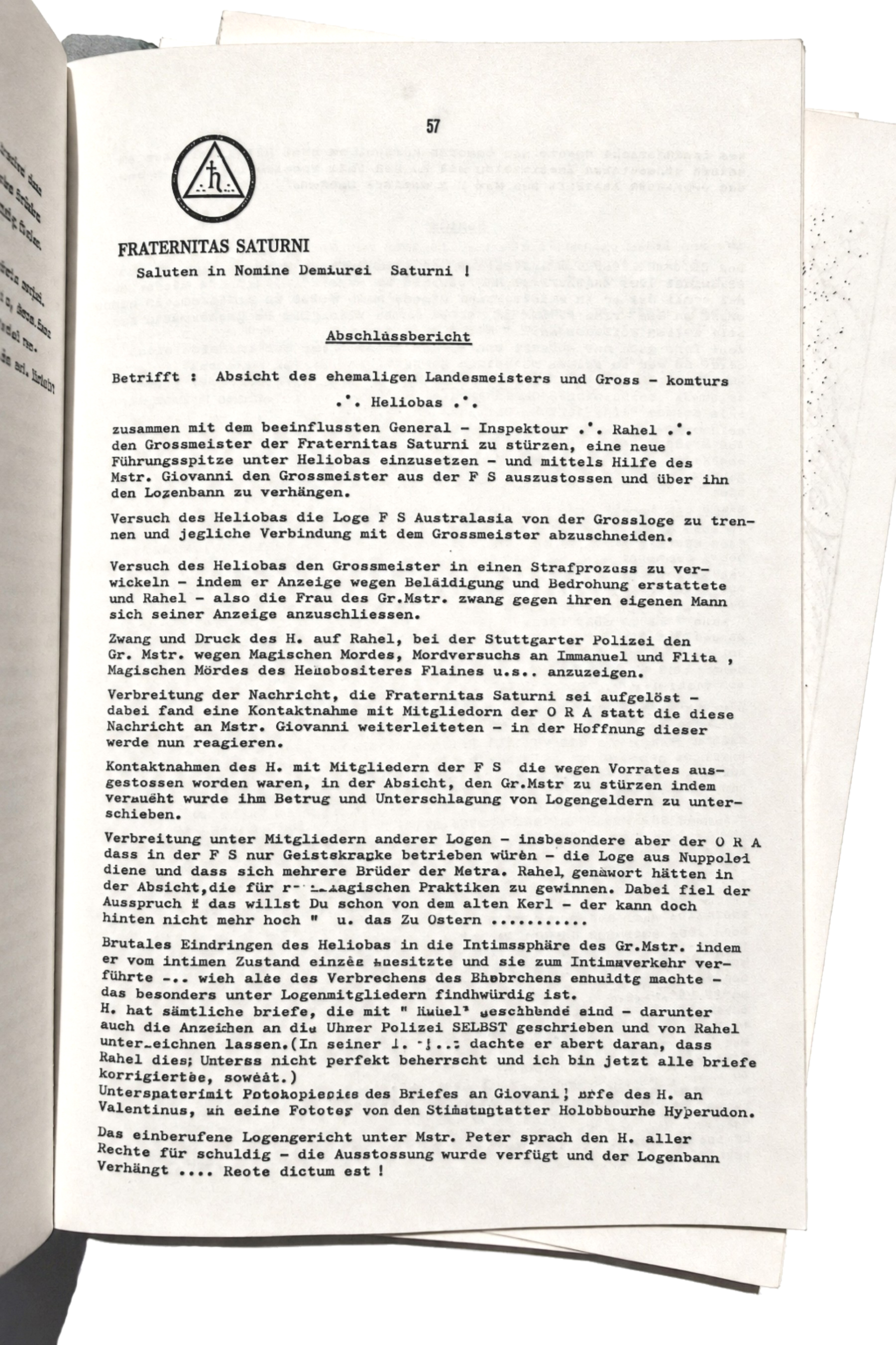 Abschlussbericht concerning Guido Wolther, Rahel and Heliobas, late 1968, page 1