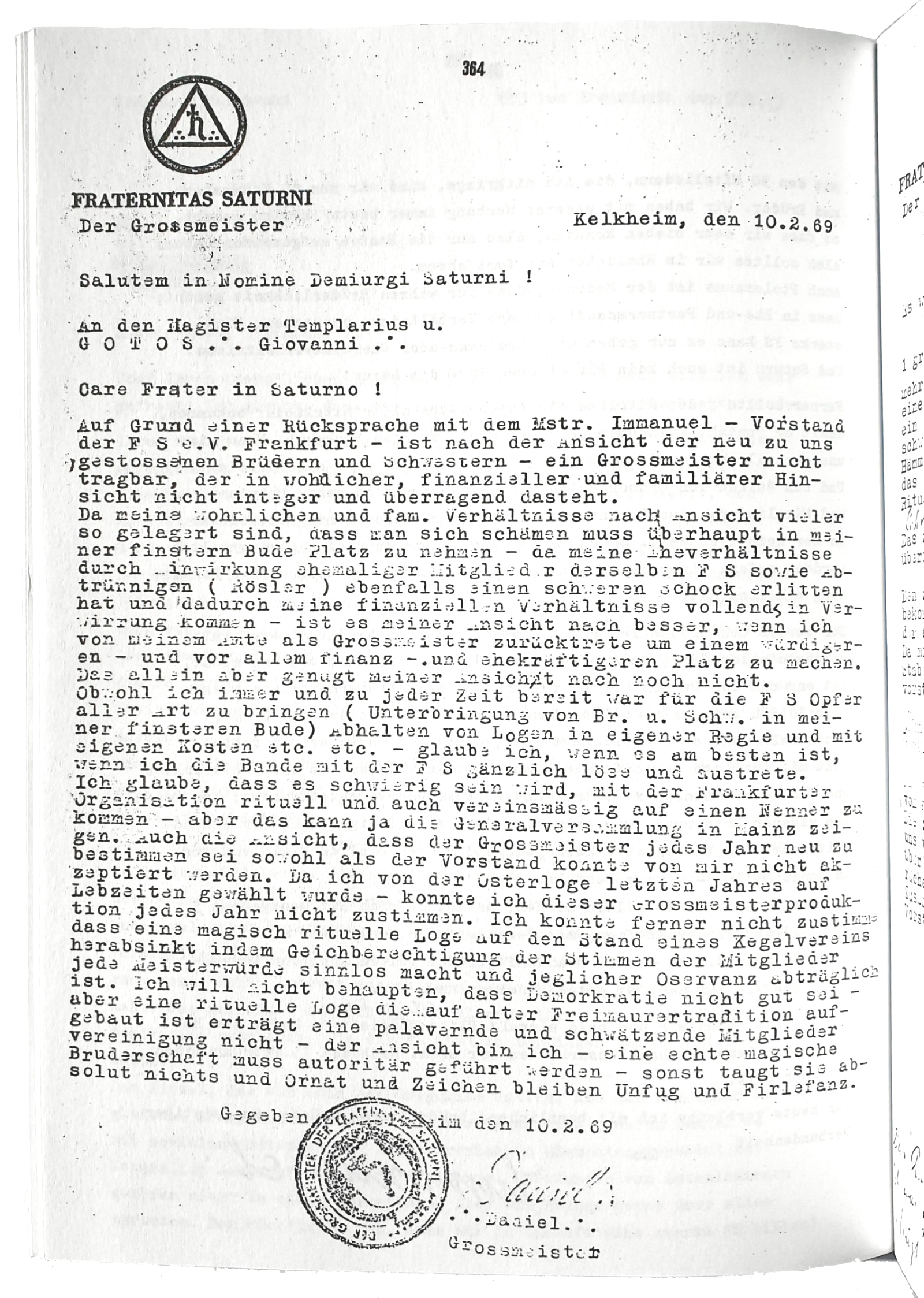 Guido Wolther letter of 10 February 1969 concerning Grandmaster authority and lodge organisation, page 1