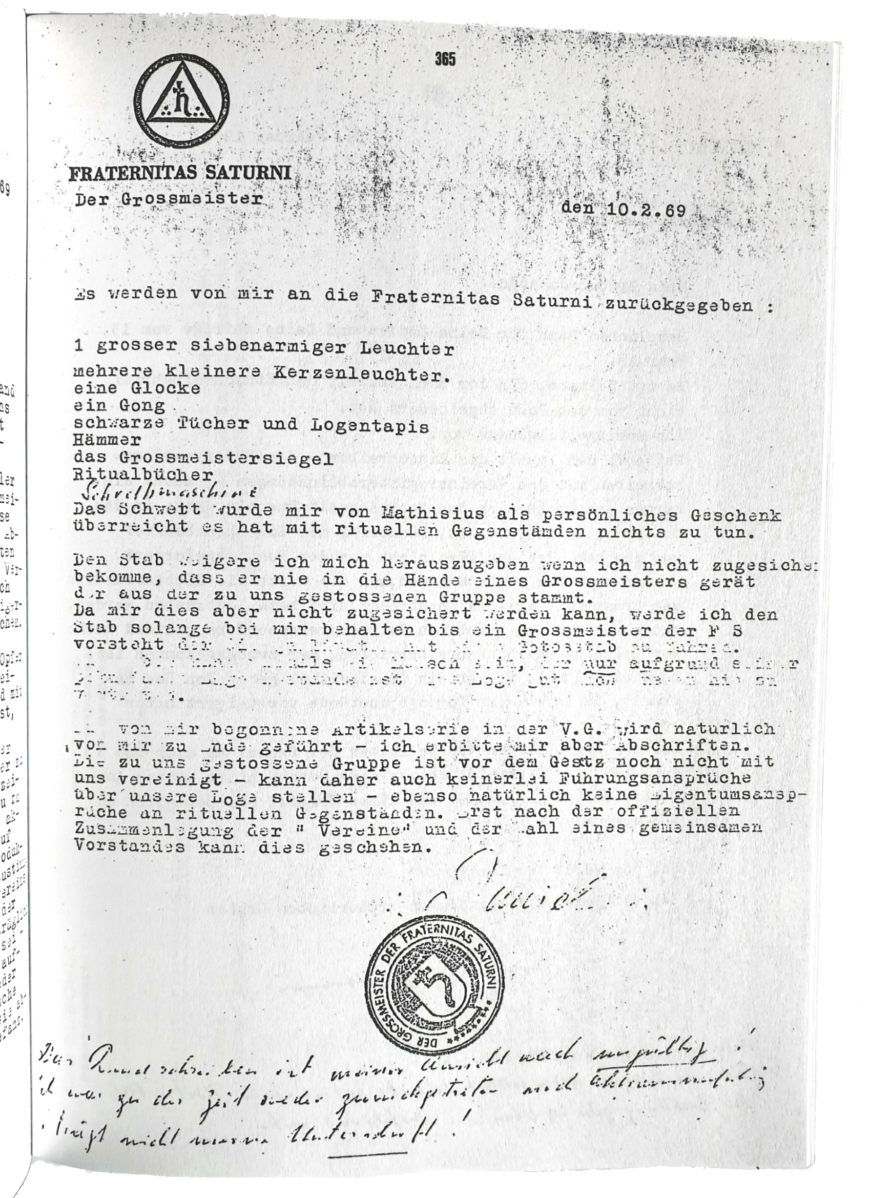 Guido Wolther letter of 10 February 1969 concerning ritual books, seals and lodge paraphernalia, page 2