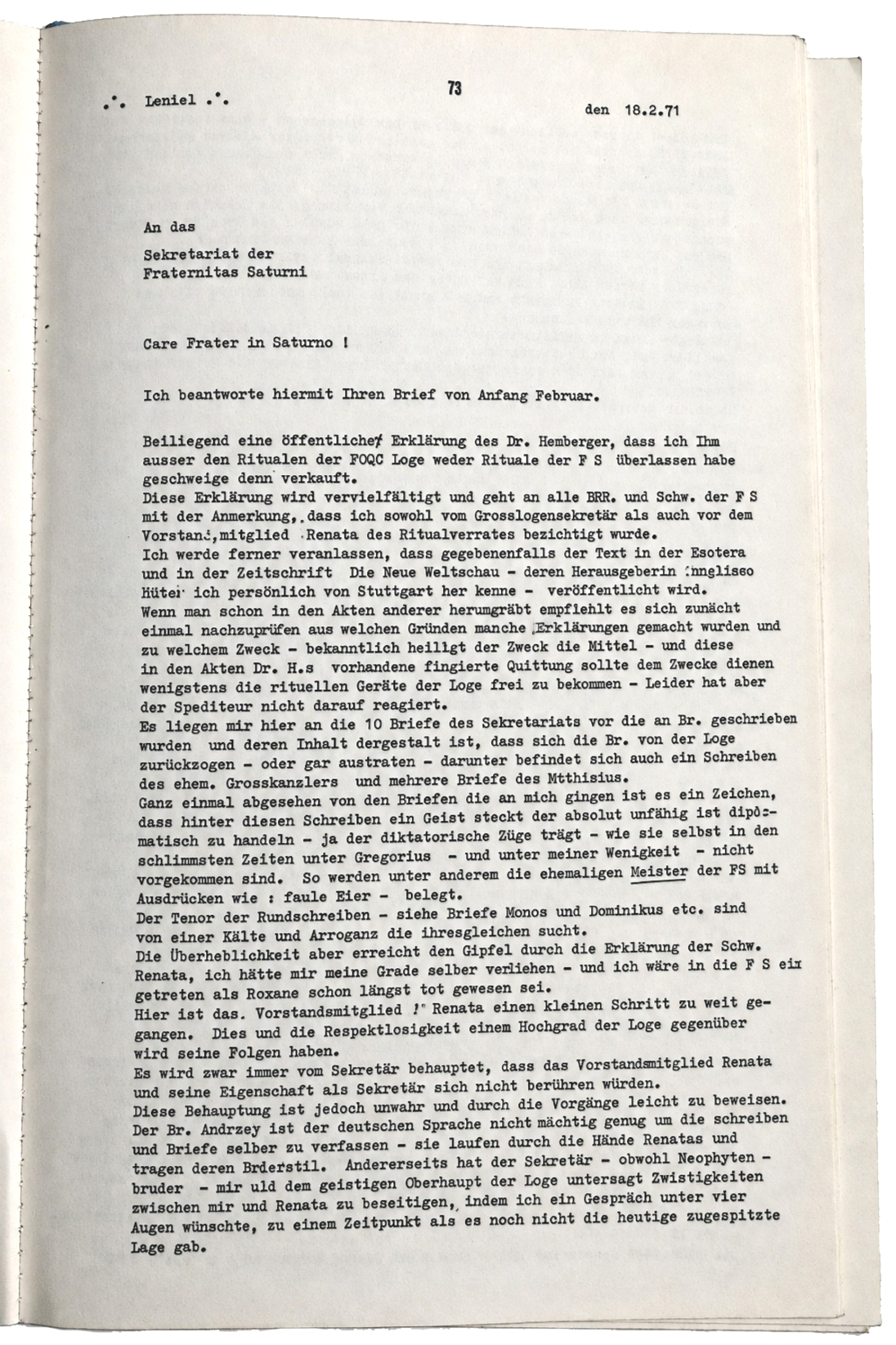 Guido Wolther declaration of 18 February 1971 concerning Adolf Hemberger and the Fraternitas Saturni, page 1