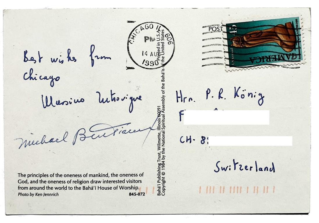Massimo Introvigne + Michael Paul Bertiaux, postcard to Peter-Robert Koenig