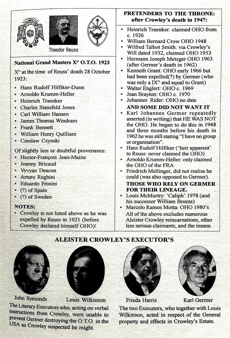 National Grand Masters and Outer Heads of the Order of the Ordo Templi Orientis Aleister Crowley's Literary Executors Carl Kellner Theodor Reuss Hans Rudolf Hilfiker-Dunn Arnoldo Krumm-Heller Heinrich Traenker Charles Stansfeld Jones Carl William Hansen James Thomas Windram Frank Bennett William Henry Quilliam Czesław Czyński Hector-François Jean-Maine Joanny Bricaud Vyvyan Deacon Arturo Reghini Eduardo Frosini William Bernard Crow Wilfred Talbot Smith Hermann Joseph Metzger Karl Germer Kenneth Grant Walter Englert Jean Brayton Johannes Rider Friedrich Mellinger Frieda Harries John Symonds